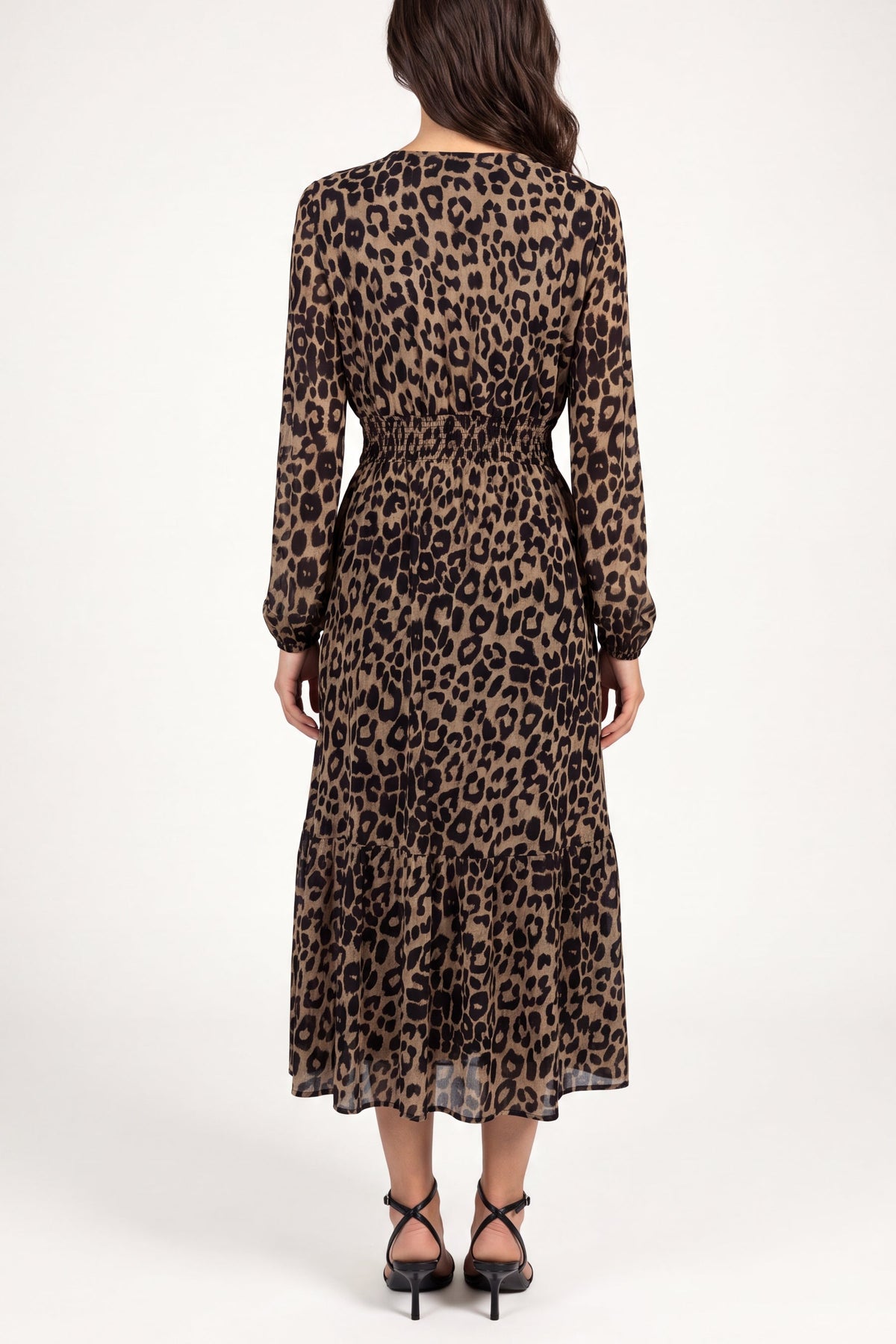 Women's Animal Print Midi Dress with Shirred V-Neck and Long Sleeves