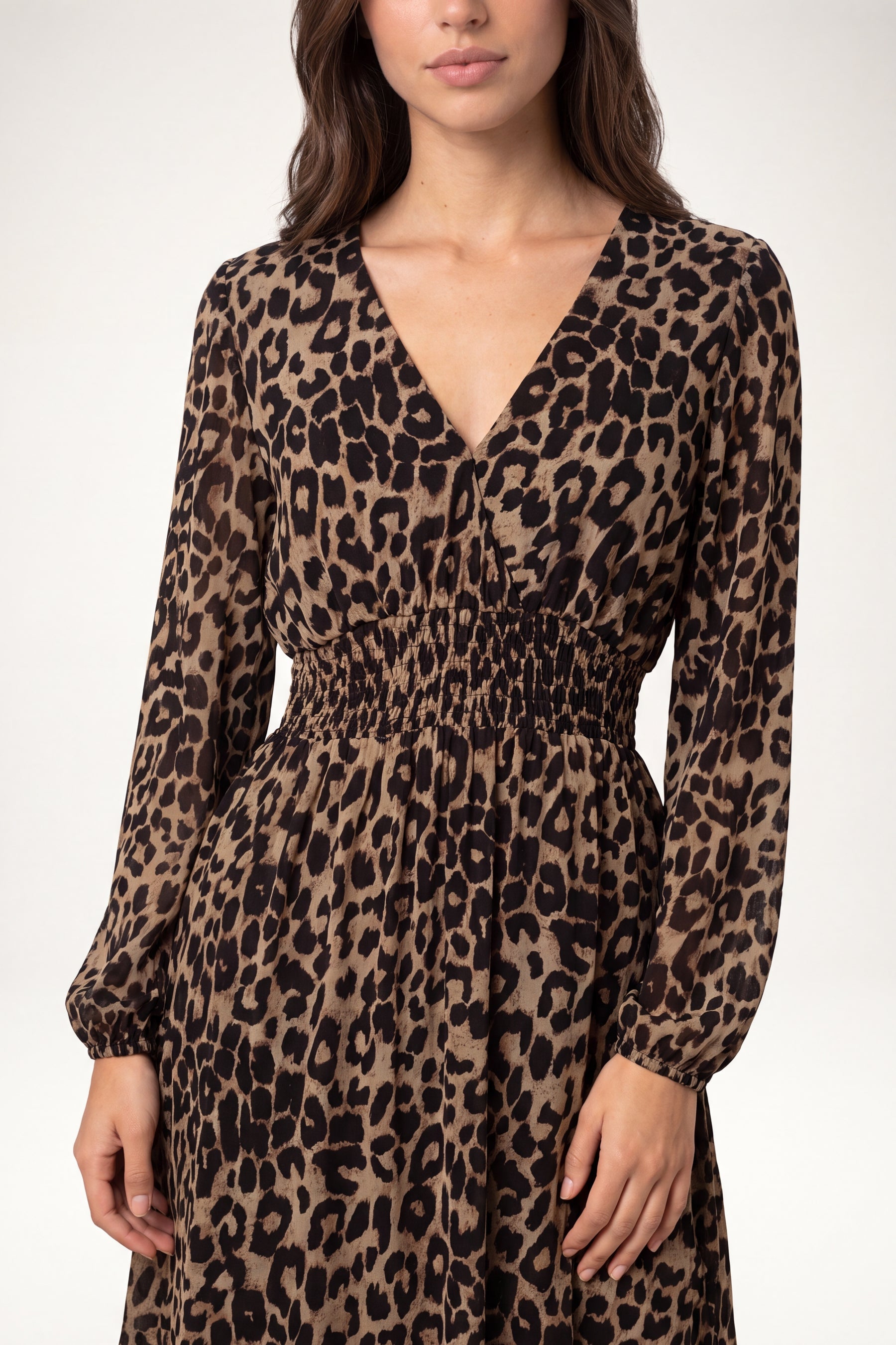 Women's Animal Print Midi Dress with Shirred V-Neck and Long Sleeves