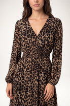 Women's Animal Print Midi Dress with Shirred V-Neck and Long Sleeves