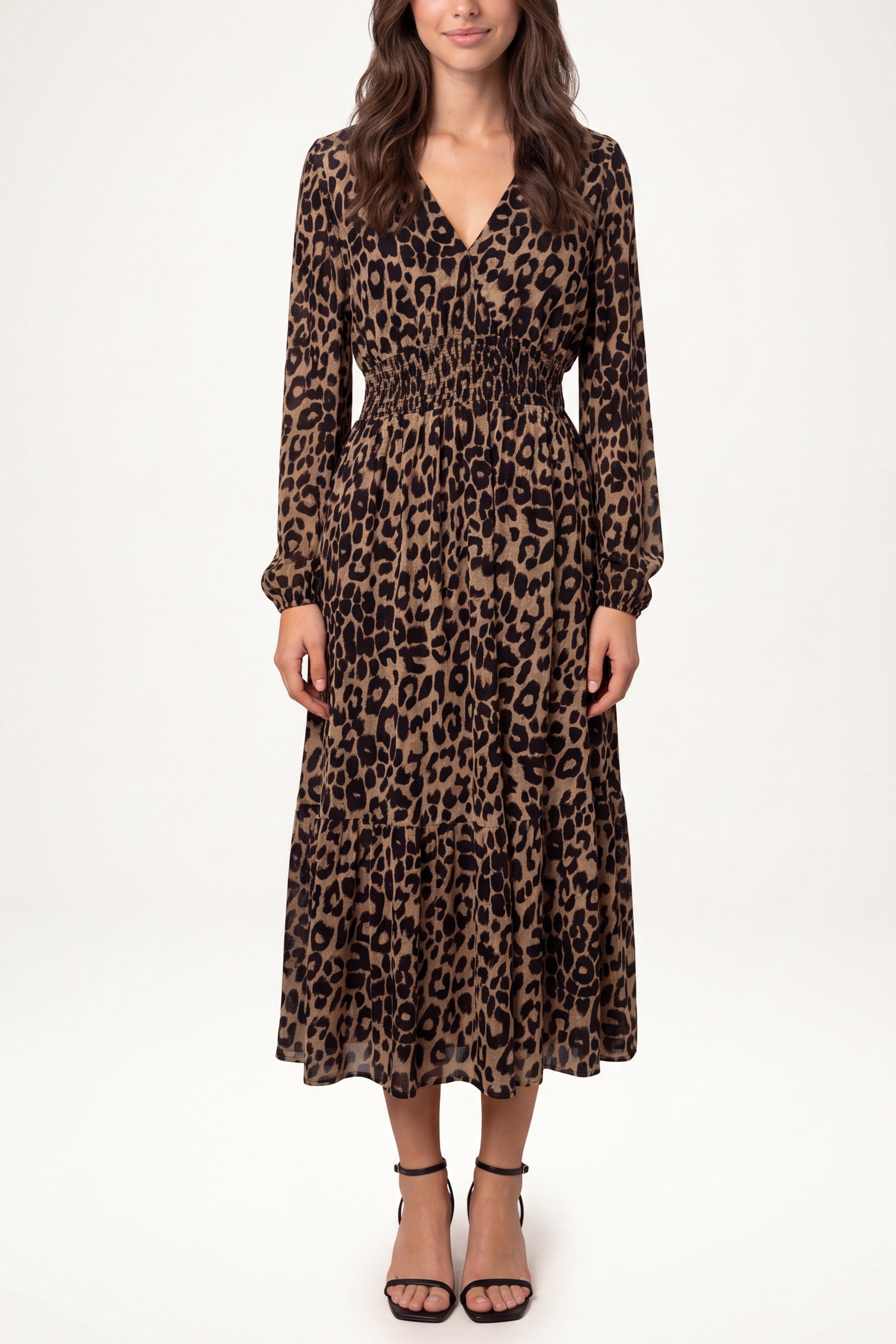 Women's Animal Print Midi Dress with Shirred V-Neck and Long Sleeves