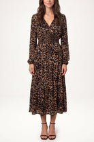 Women's Animal Print Midi Dress with Shirred V-Neck and Long Sleeves