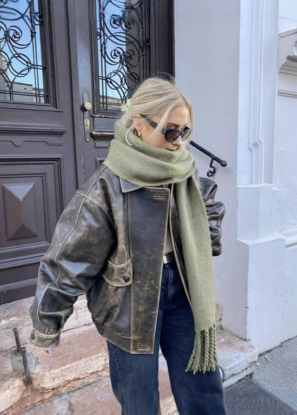 Kate Leren Jas | Vintage damesjack van PU-leer met gewassen look en relaxte pasvorm