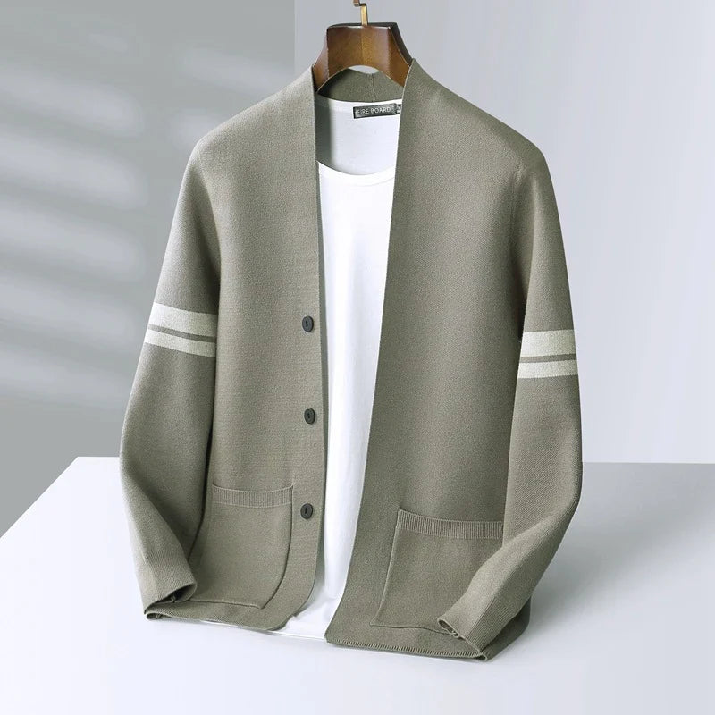 Women's Merino Wool Cardigan with Sleeve Stripes
