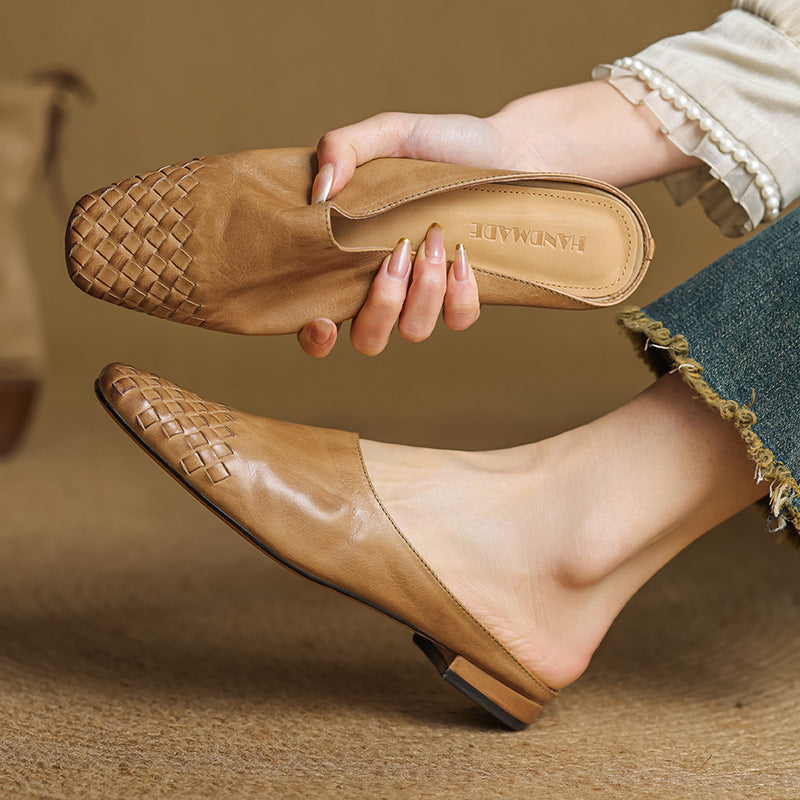 Women's Genuine Leather Mules with Woven Vamp