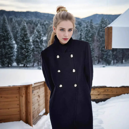 Wollen Jas | Dames Winterjas met Dubbele Knopen en Hoge Kraag