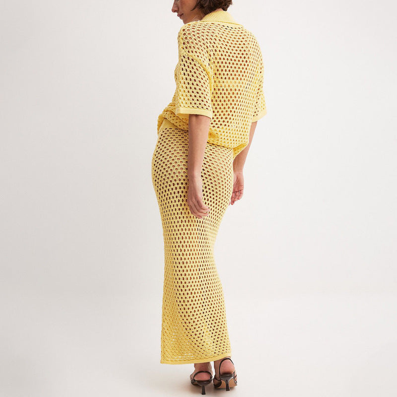 Heidi | Dames Set met Gebreide Rok & V-Hals Top – Visnetstructuur & Relaxte Pasvorm voor Casual Elegantie