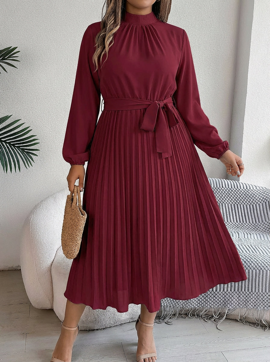 Maxi Dress for Women with Pleated Skirt and Waist Belt