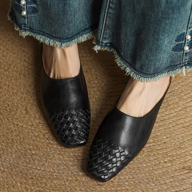 Women's Genuine Leather Mules with Woven Vamp