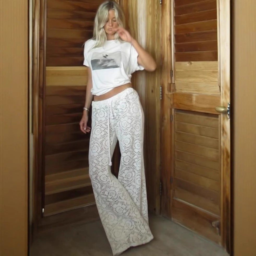 Irene | Dames Broek met Wijde Pijpen – Kantstructuur – Semi Transparant – Elegante Volledige Lengte