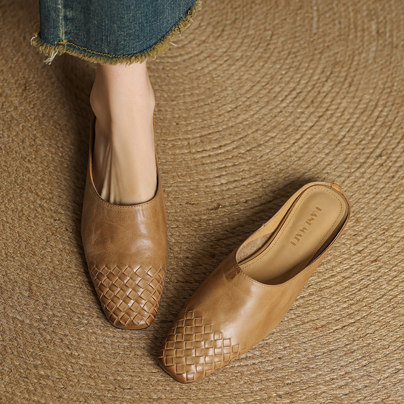 Women's Genuine Leather Mules with Woven Vamp