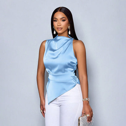 Gerlinde | Chique Damesblouse Zonder Mouwen met Hoge Hals & Asymmetrische Zoom – Slim Fit Satijnen Look