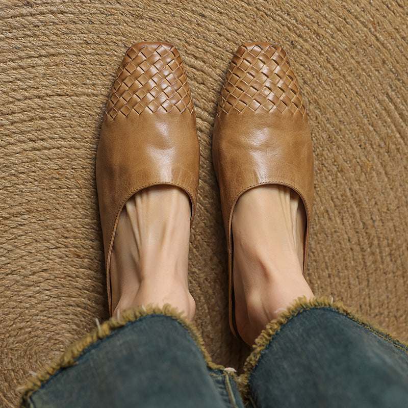 Women's Genuine Leather Mules with Woven Vamp