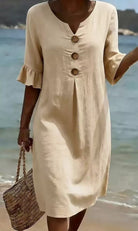 Women's Loose-Fit Button-Front Dress with Flowing Sleeves