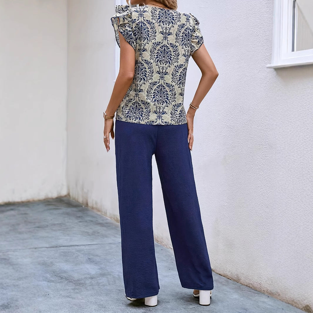 Danielle | Dames Set – V-hals Bloementop met Ruches & Hoge Taille Wijde Pijpen met Ceintuur