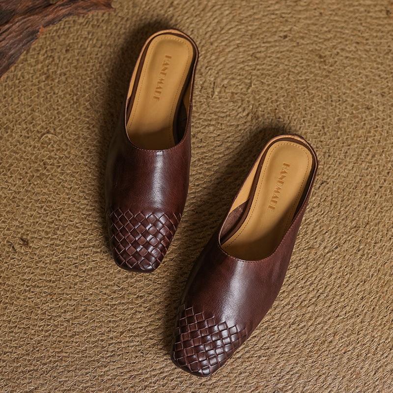 Women's Genuine Leather Mules with Woven Vamp