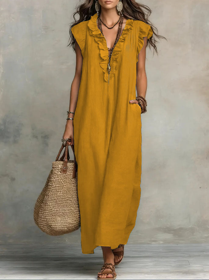 Women's Maxi Dress - Flowing Linen-Cotton Blend with Ruffle Detail