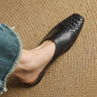 Women's Genuine Leather Mules with Woven Vamp