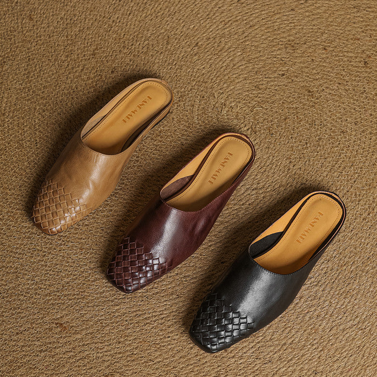 Women's Genuine Leather Mules with Woven Vamp
