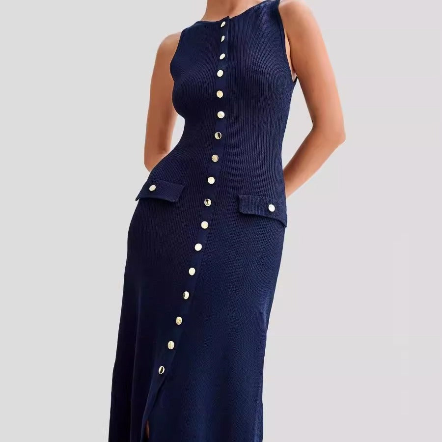 Dilia | Dames Slim Fit Jurk – Mouwloos – Knoopsluiting & Ronde Hals