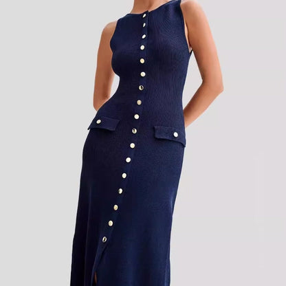 Dilia | Dames Slim Fit Jurk – Mouwloos – Knoopsluiting & Ronde Hals