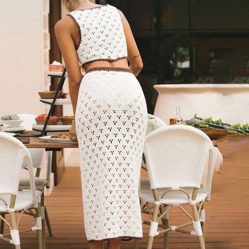 Hannie | Dames Set met Haakpatroon – Slim Fit Top & Midi Rok met Hoge Taille voor een Elegante Boho Look