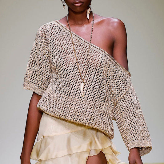 Guinevere | Dames Off-Shoulder Trui met Opengebreid Design – Losse Pasvorm & Ademende Stof voor Zomeravonden