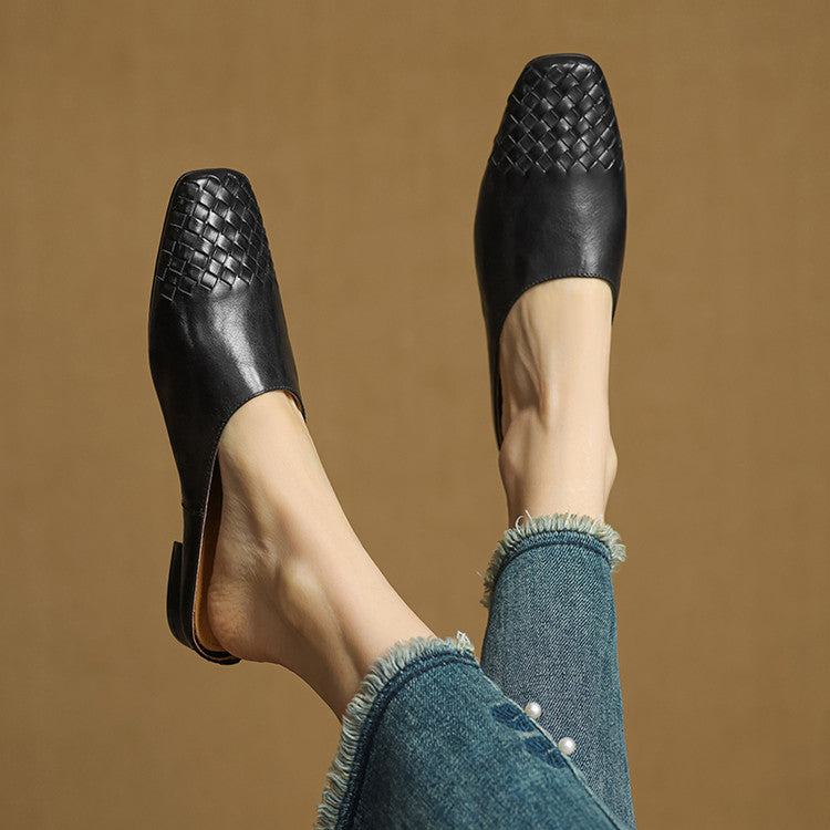 Women's Genuine Leather Mules with Woven Vamp