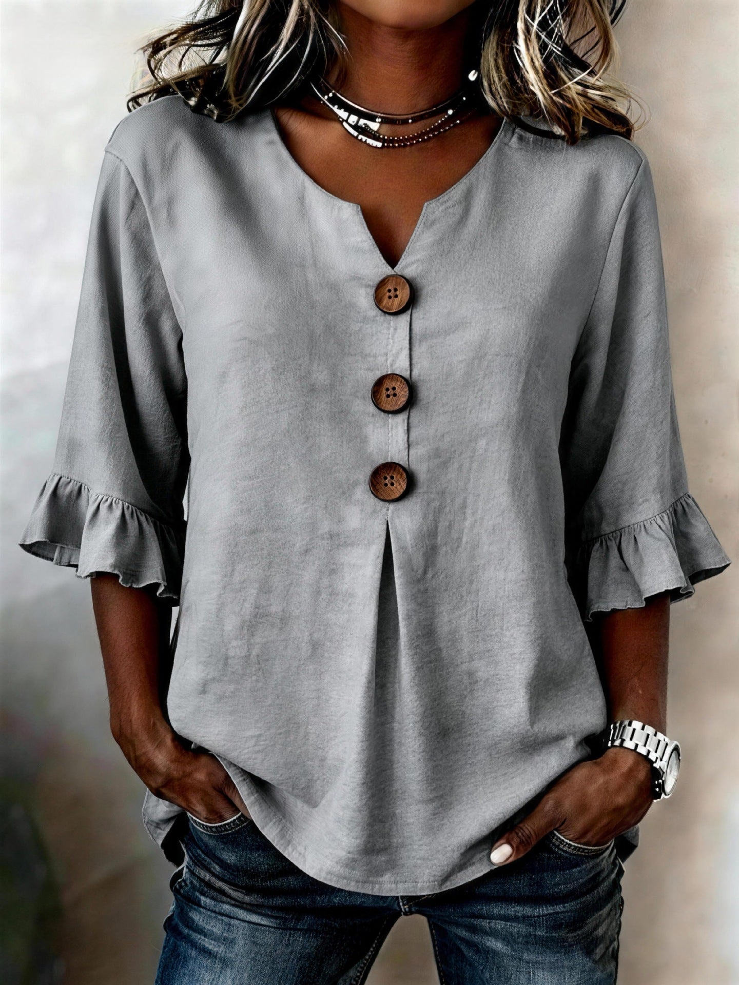 Women's Ruffle Sleeve Blouse with Button-Front Detail