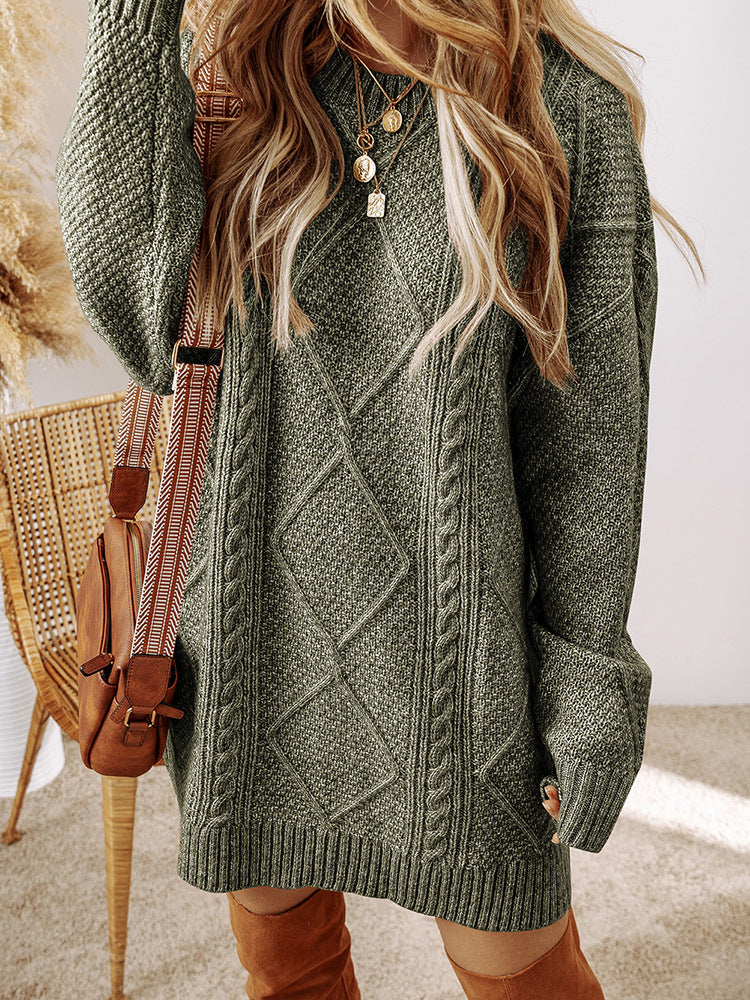 Dames Oversized Gebreide Sweater Jurk – Warm, Effen Beige, Casual Herfstmode