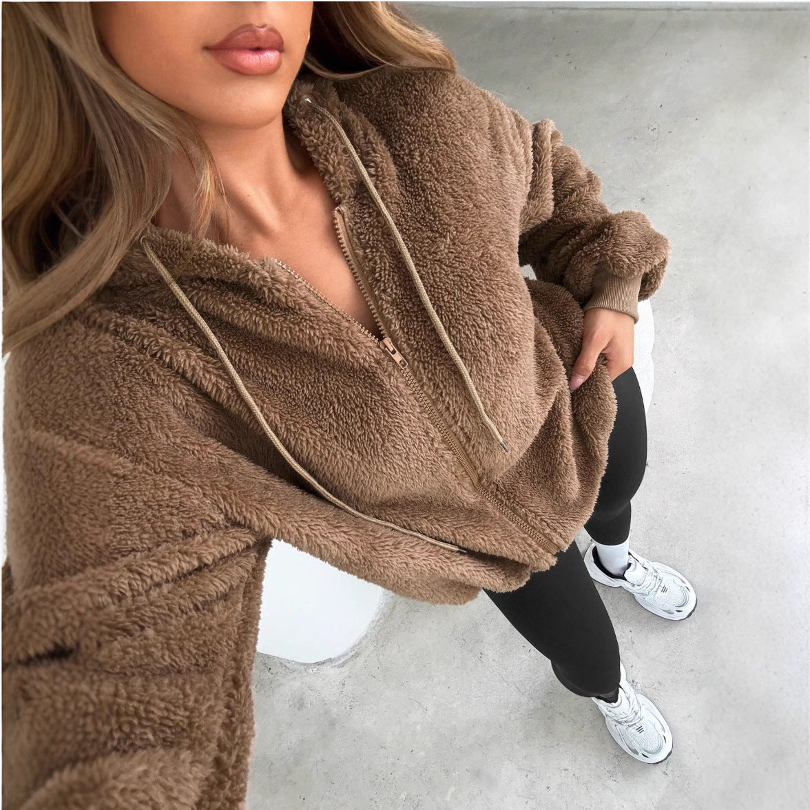 Women's Hooded Plush Cardigan with Zip Front