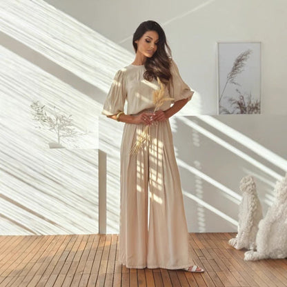 Eleva's Two-Piece Set | Dames set met strik-T-shirt en wijde broek met elastische taille