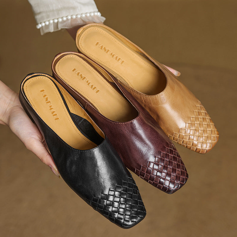 Women's Genuine Leather Mules with Woven Vamp