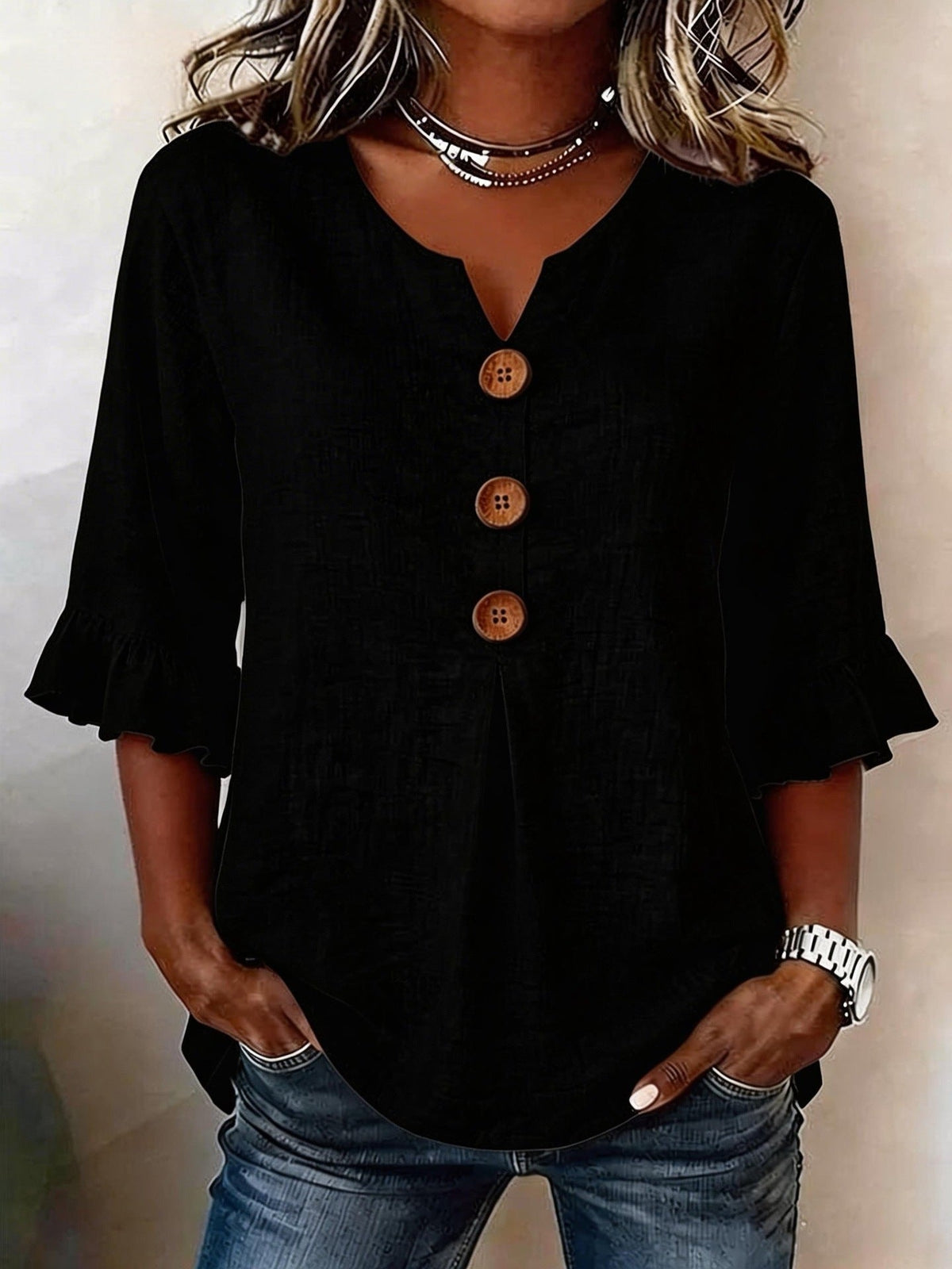 Women's Ruffle Sleeve Blouse with Button-Front Detail
