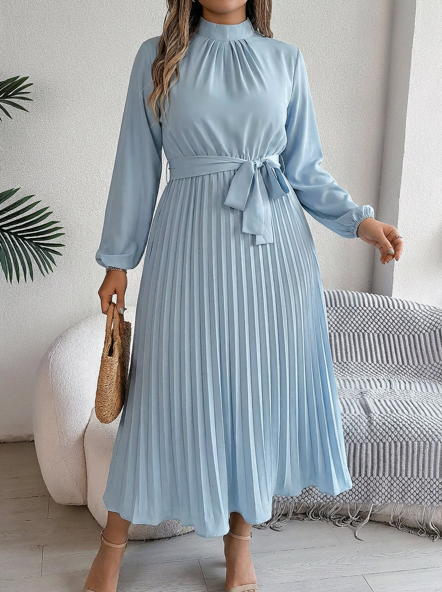 Maxi Dress for Women with Pleated Skirt and Waist Belt