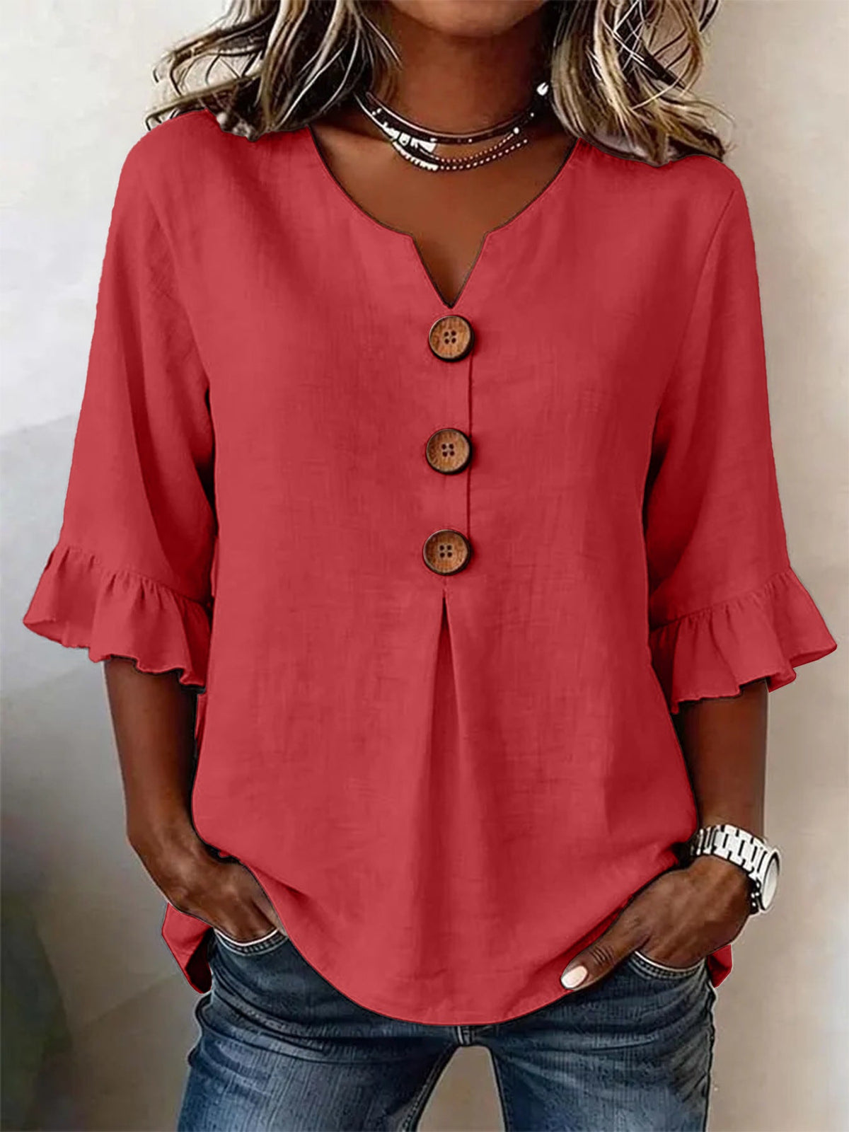 Women's Ruffle Sleeve Blouse with Button-Front Detail