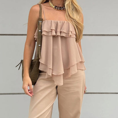 Elna | Dames Mouwloze Top – Losvallend Model – Gelaagde Volants – Luchtige Stof