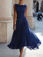 Wedding Guest Midi Dress Women's – Draped Boat Neck Sleeveless
