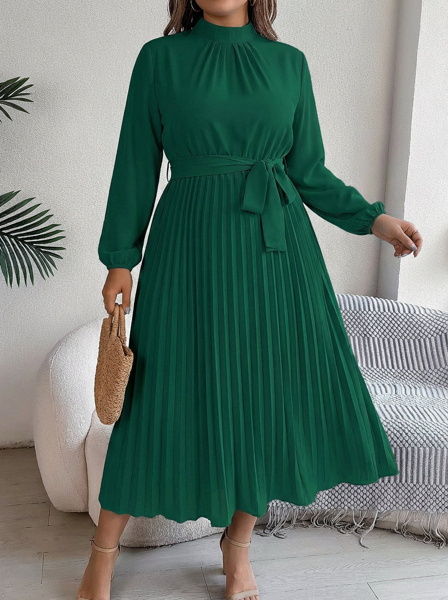 Maxi Dress for Women with Pleated Skirt and Waist Belt