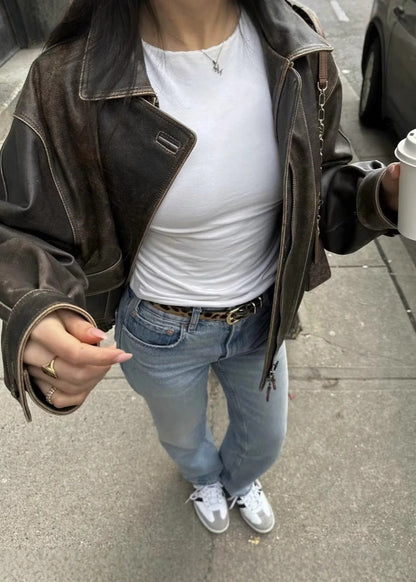 Kate Leren Jas | Vintage damesjack van PU-leer met gewassen look en relaxte pasvorm