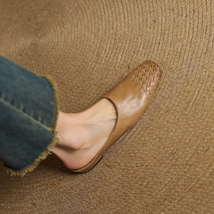 Women's Genuine Leather Mules with Woven Vamp