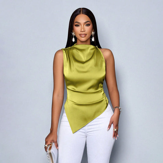 Gerlinde | Chique Damesblouse Zonder Mouwen met Hoge Hals & Asymmetrische Zoom – Slim Fit Satijnen Look