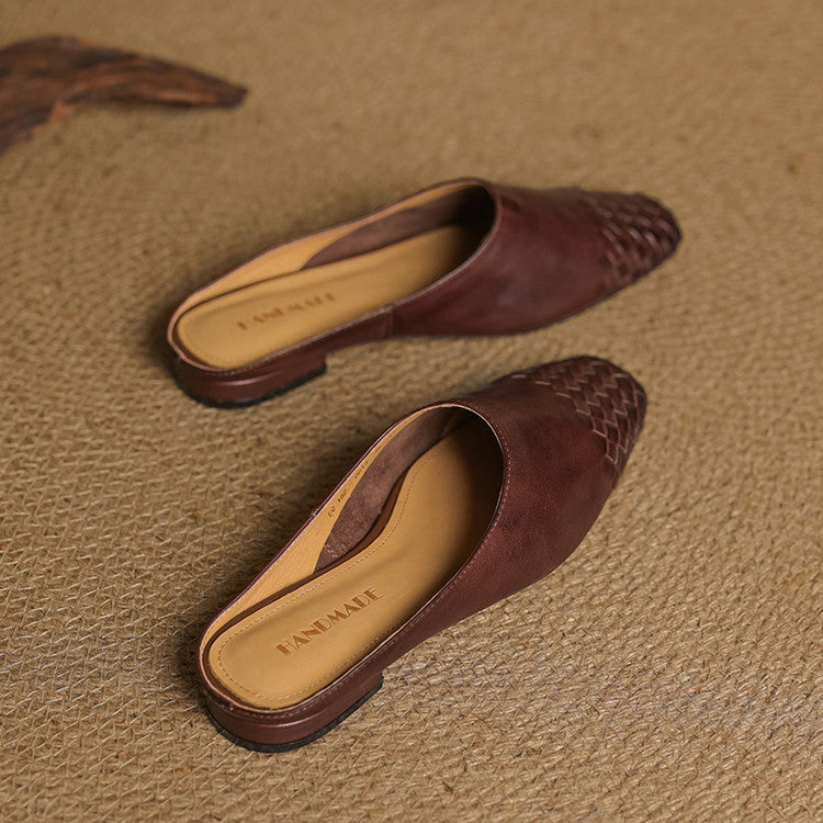 Women's Genuine Leather Mules with Woven Vamp