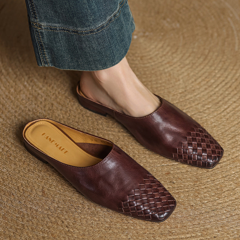 Women's Genuine Leather Mules with Woven Vamp