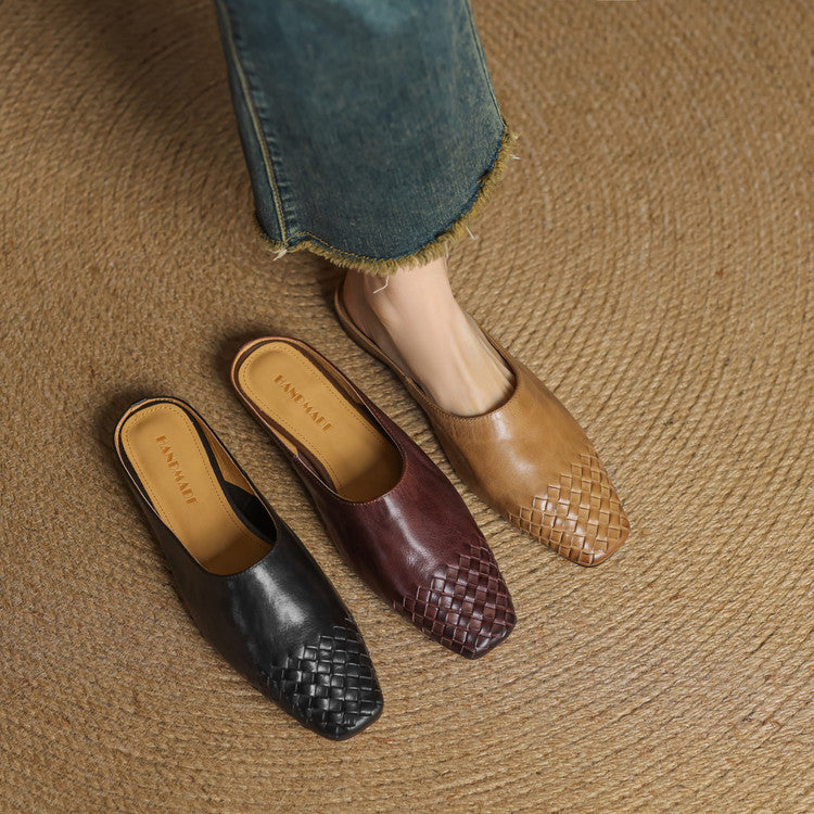 Women's Genuine Leather Mules with Woven Vamp