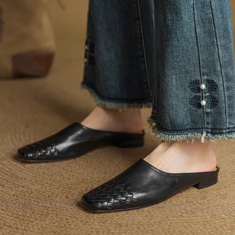 Women's Genuine Leather Mules with Woven Vamp
