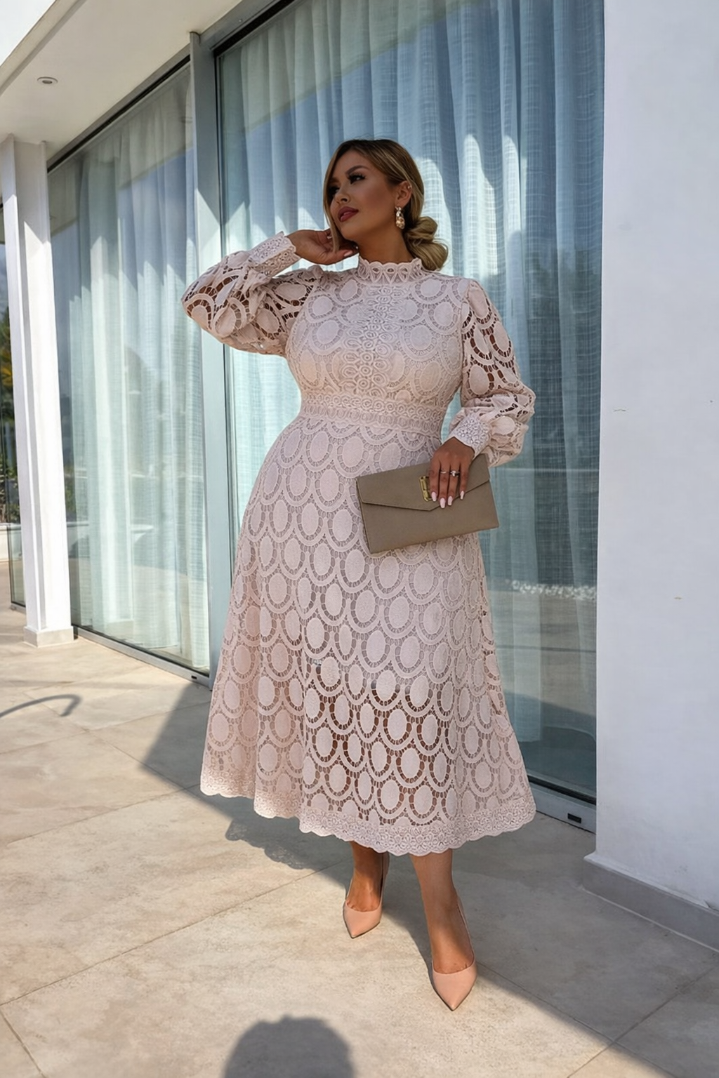 Women's Lace Cocktail Dress with Long Sleeves