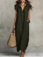 Women's Maxi Dress - Flowing Linen-Cotton Blend with Ruffle Detail