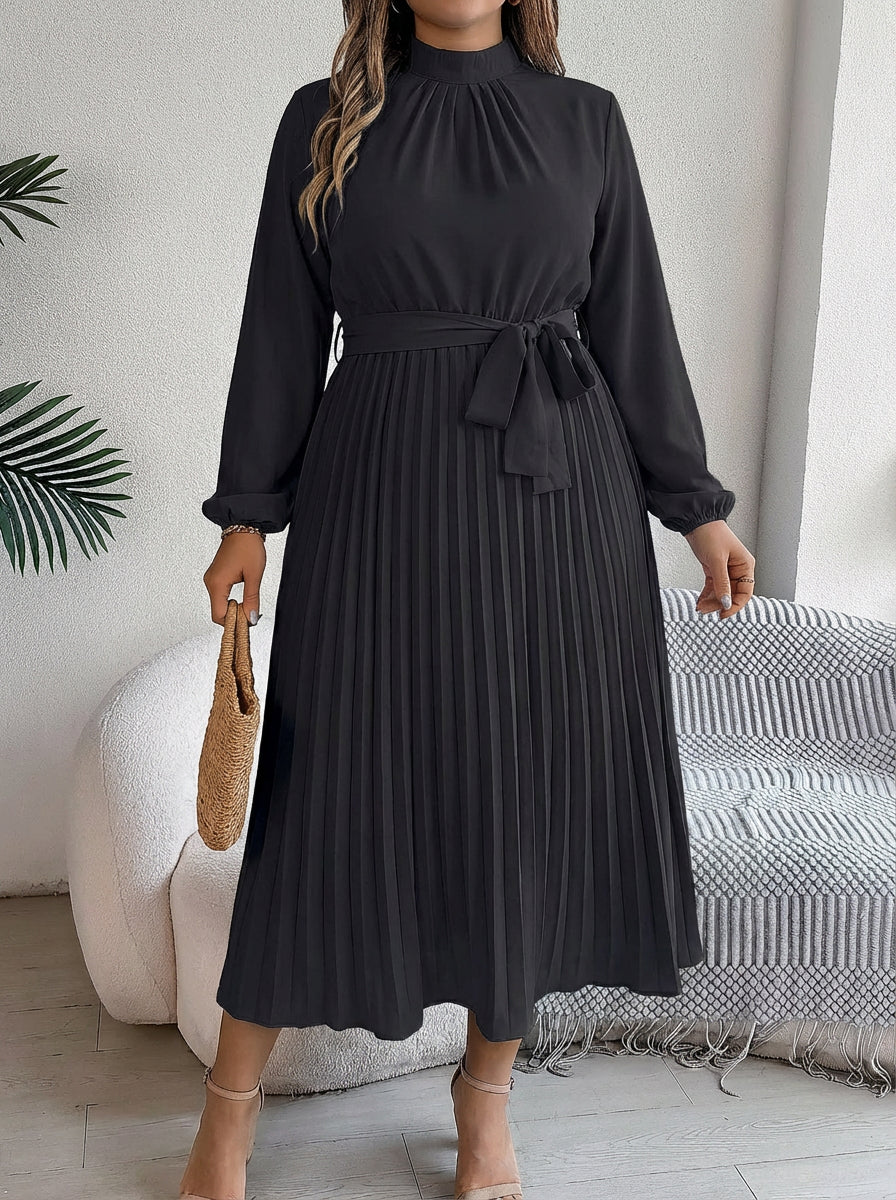 Maxi Dress for Women with Pleated Skirt and Waist Belt