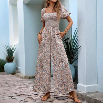 Janne | Dames Jumpsuit – Relaxte pasvorm met Bloemenprint, Smocked Top en Wijde Pijpen