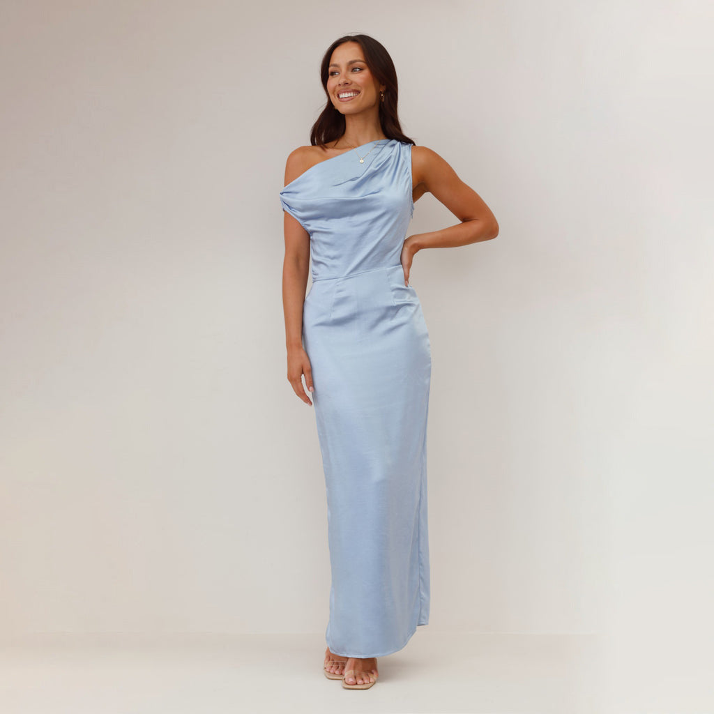 Bonnie | Dames Midi Jurk – Bodycon Pasvorm met One-Shoulder en Glanzende Drapage Stof
